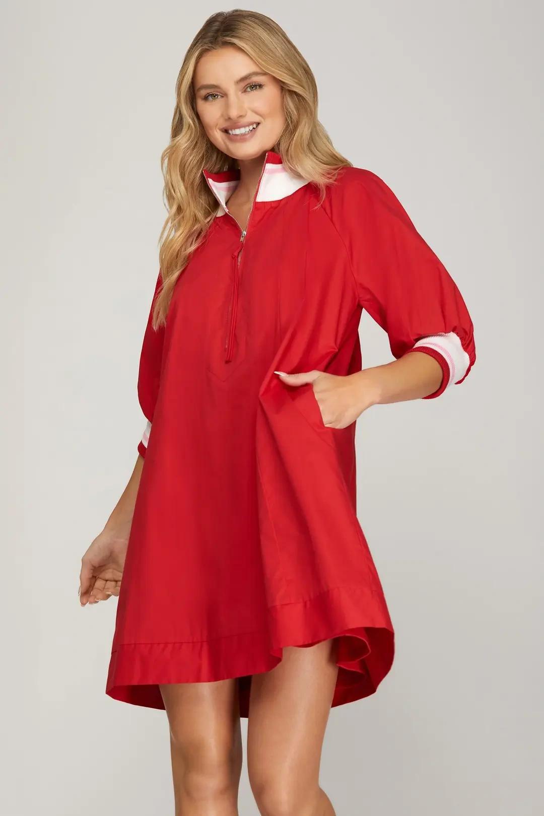 Red Half Sleeve Half Zip Dress