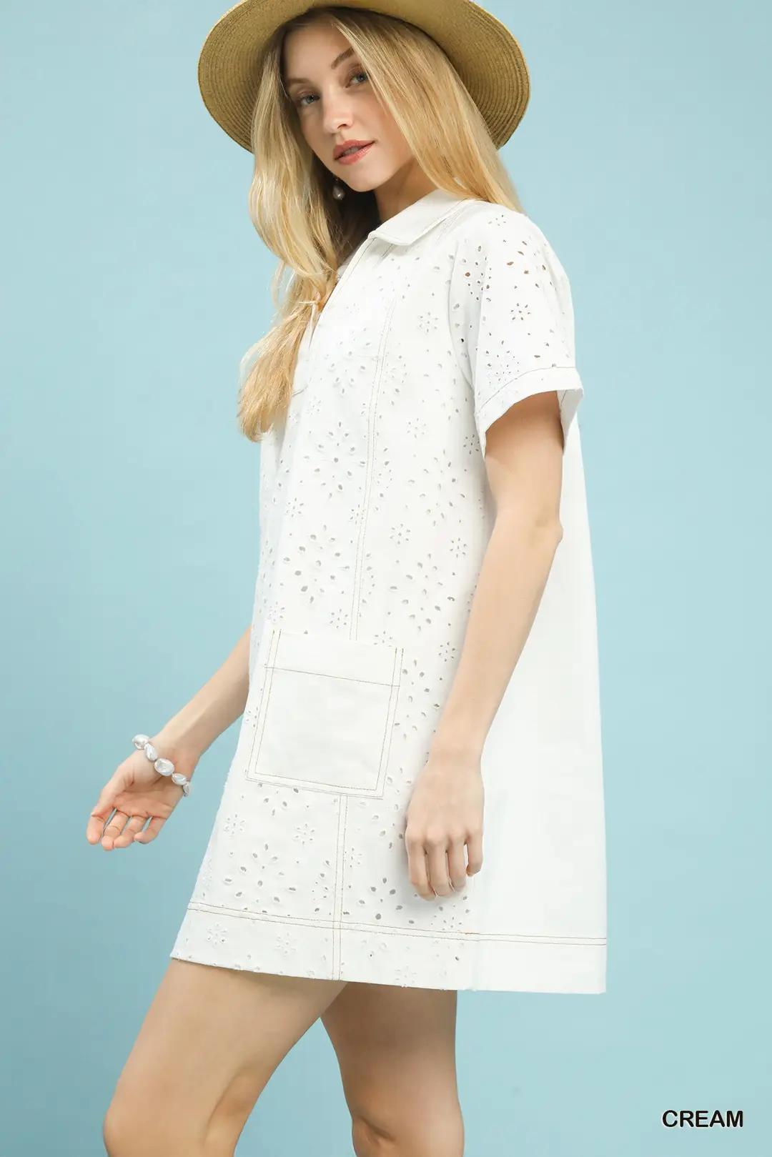 Off White Eyelet Shift Dress