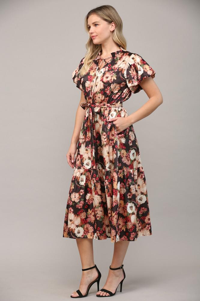 Black Floral Print Satin Dress