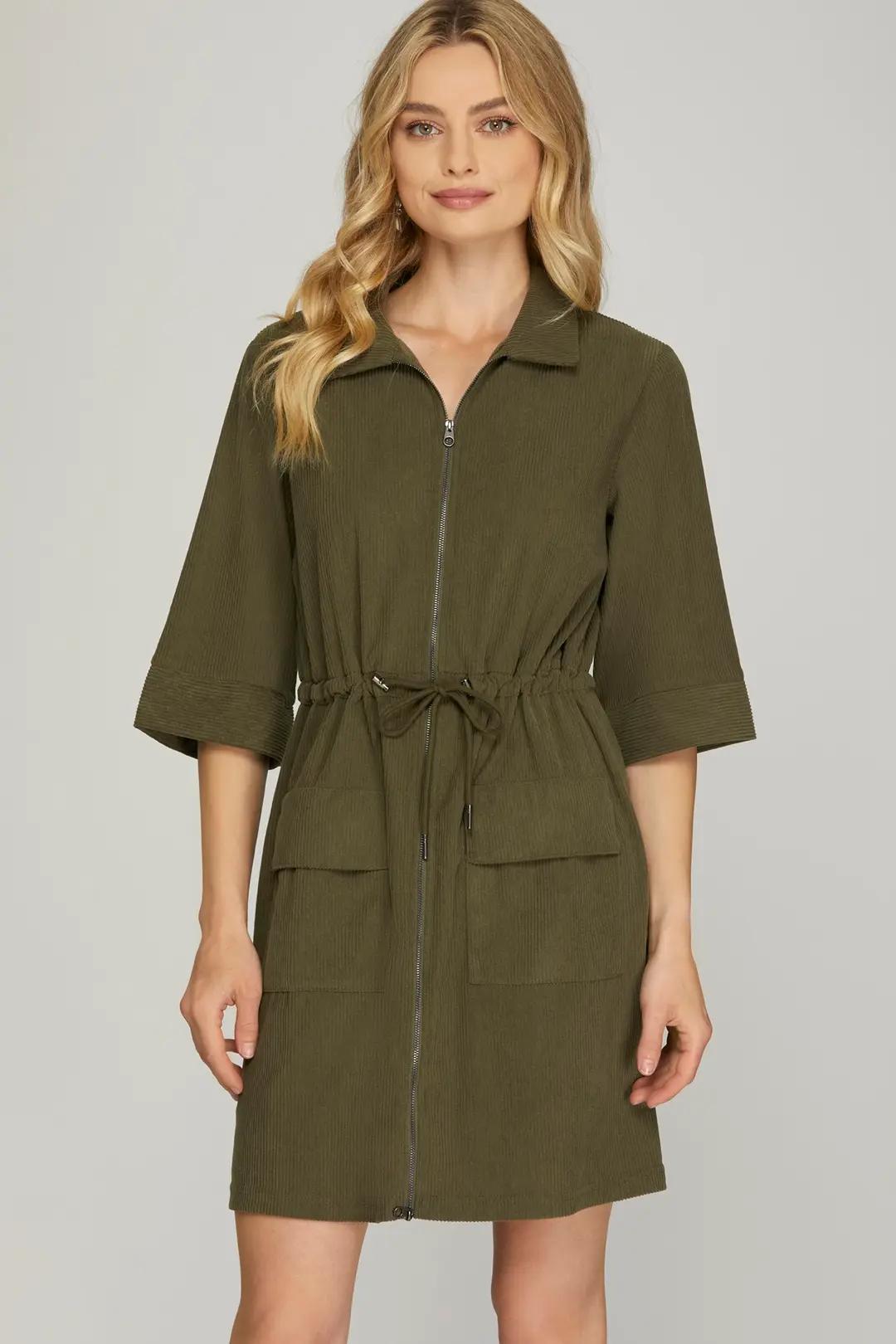 Olive Half Zip Corduroy Dress