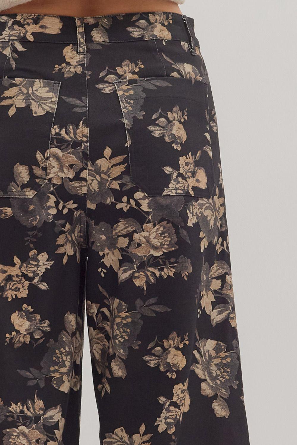 Black and Floral Ankle-Length Pants