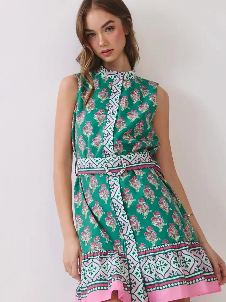 Green and Pink Floral Printed Mini