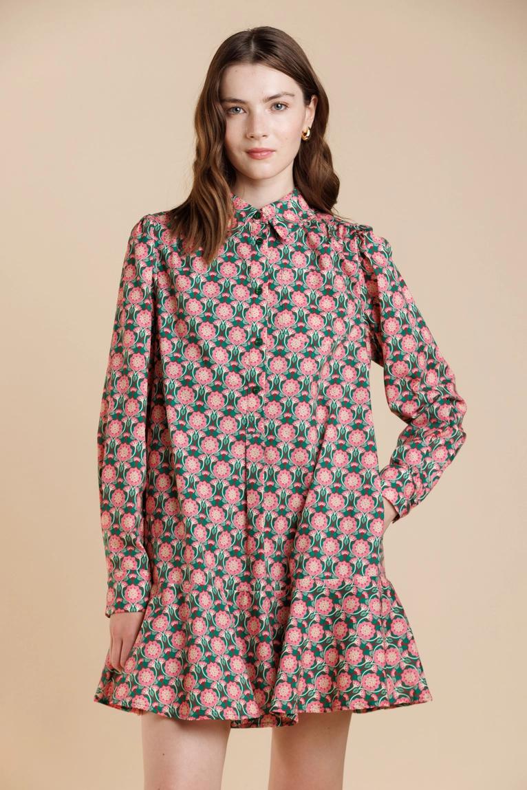 Green and Pink Cotton Poplin Dress