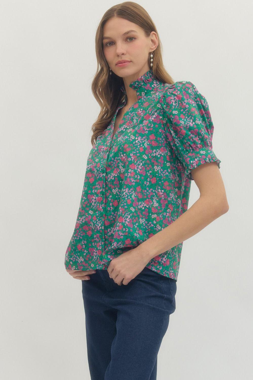 Green Floral  with Ruffled Neck Top
