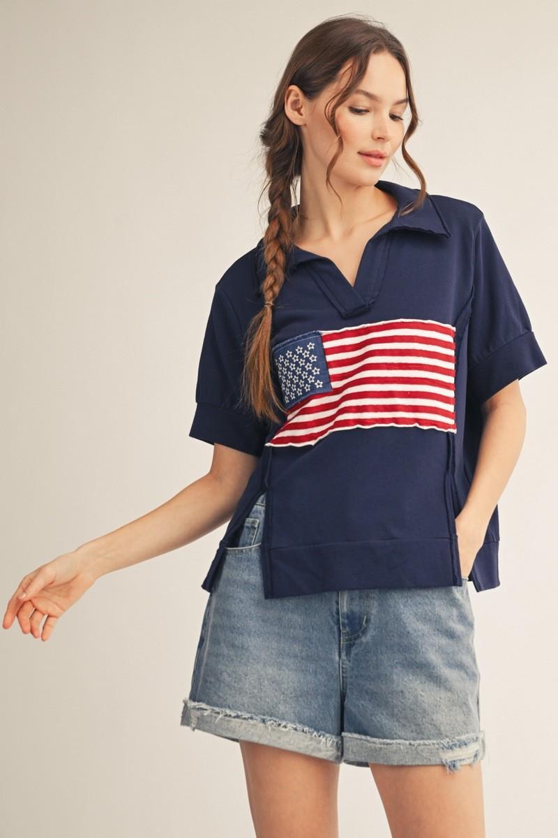 Navy Casual American Flag Shirt
