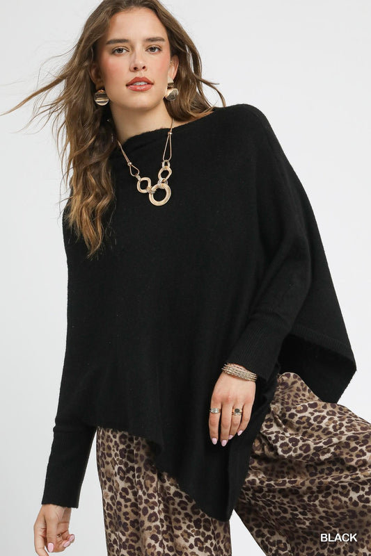 Black Knit Asymmetrical Poncho Sweater