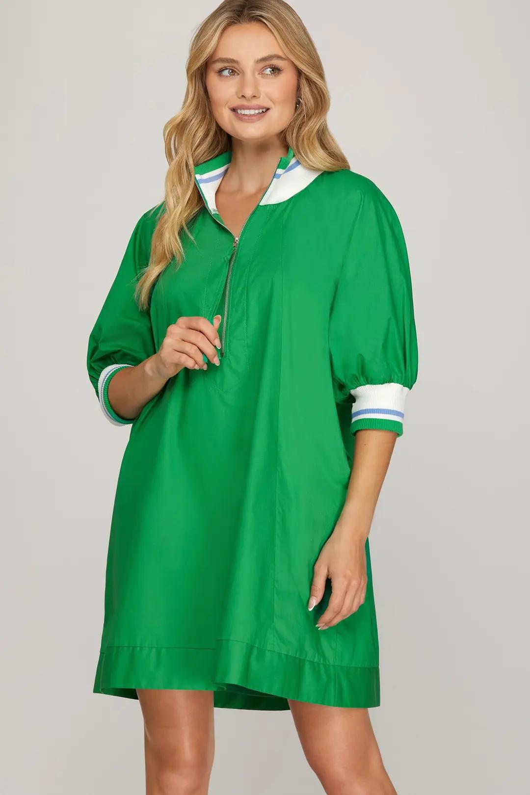 Green Half Sleeve Half Zip Dress