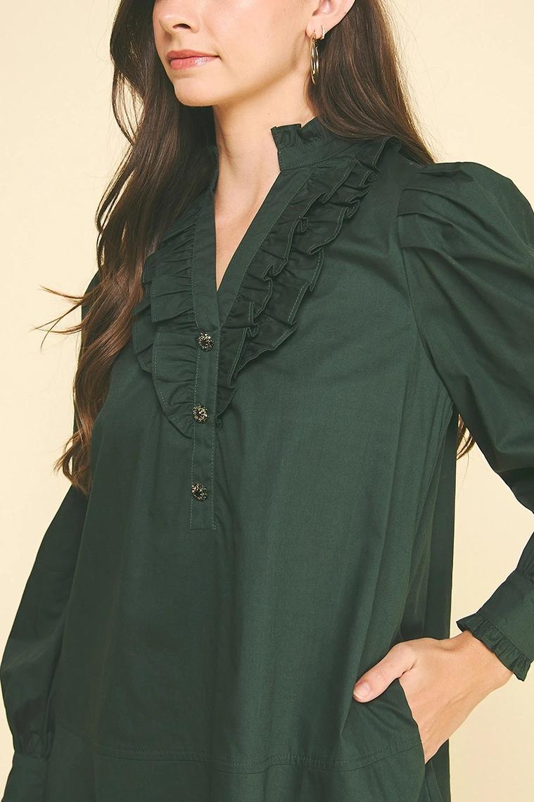 Deep Green Ruffled Detail Mini Dress
