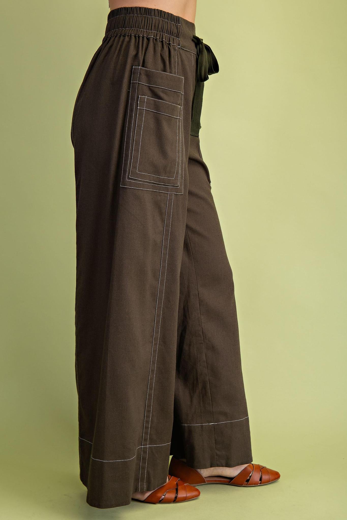 Olive Linen Wide Leg Pant