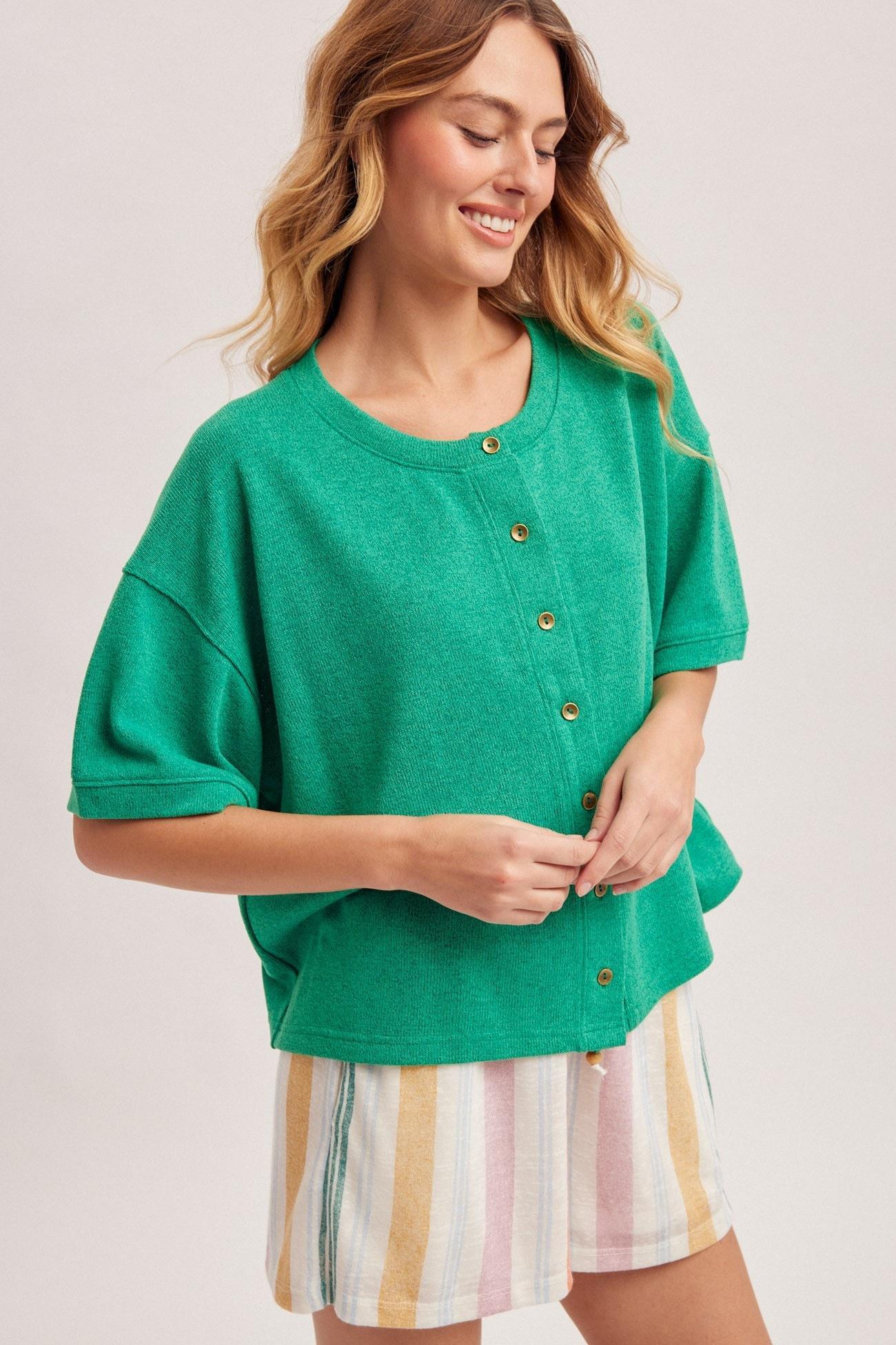 Green Boxy Button Front Cardi Tee