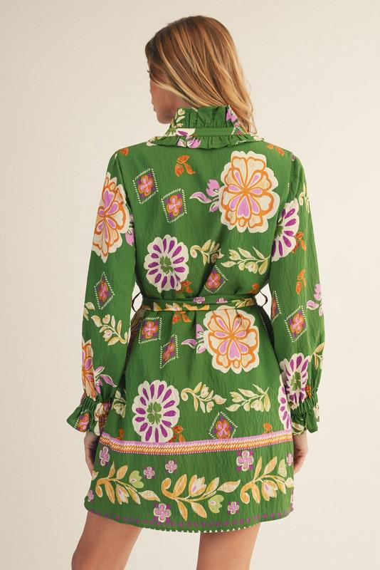 Olive Green Floral  Boho Dress