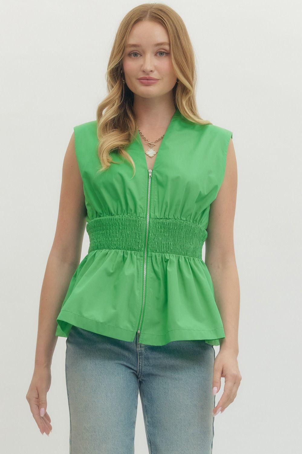 Green Peplum Front Zip Top
