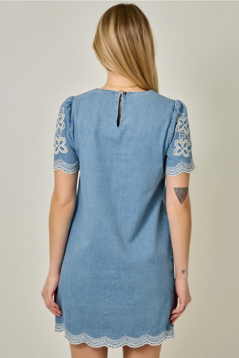 Medium Blue Denim Embroidered Shift Dress