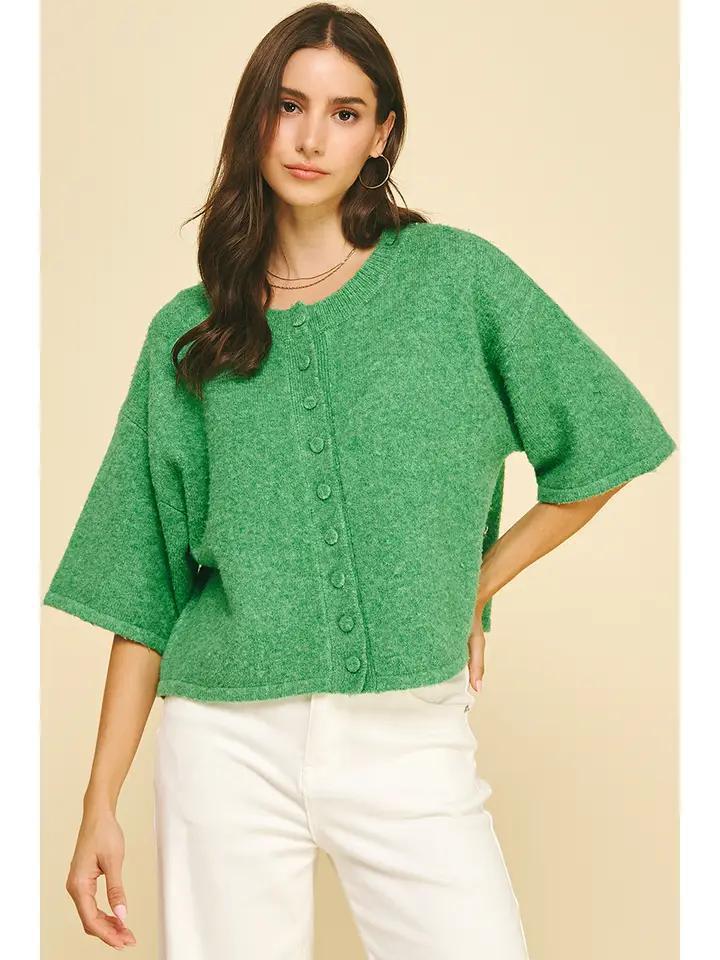 Green Button Front  Sweater