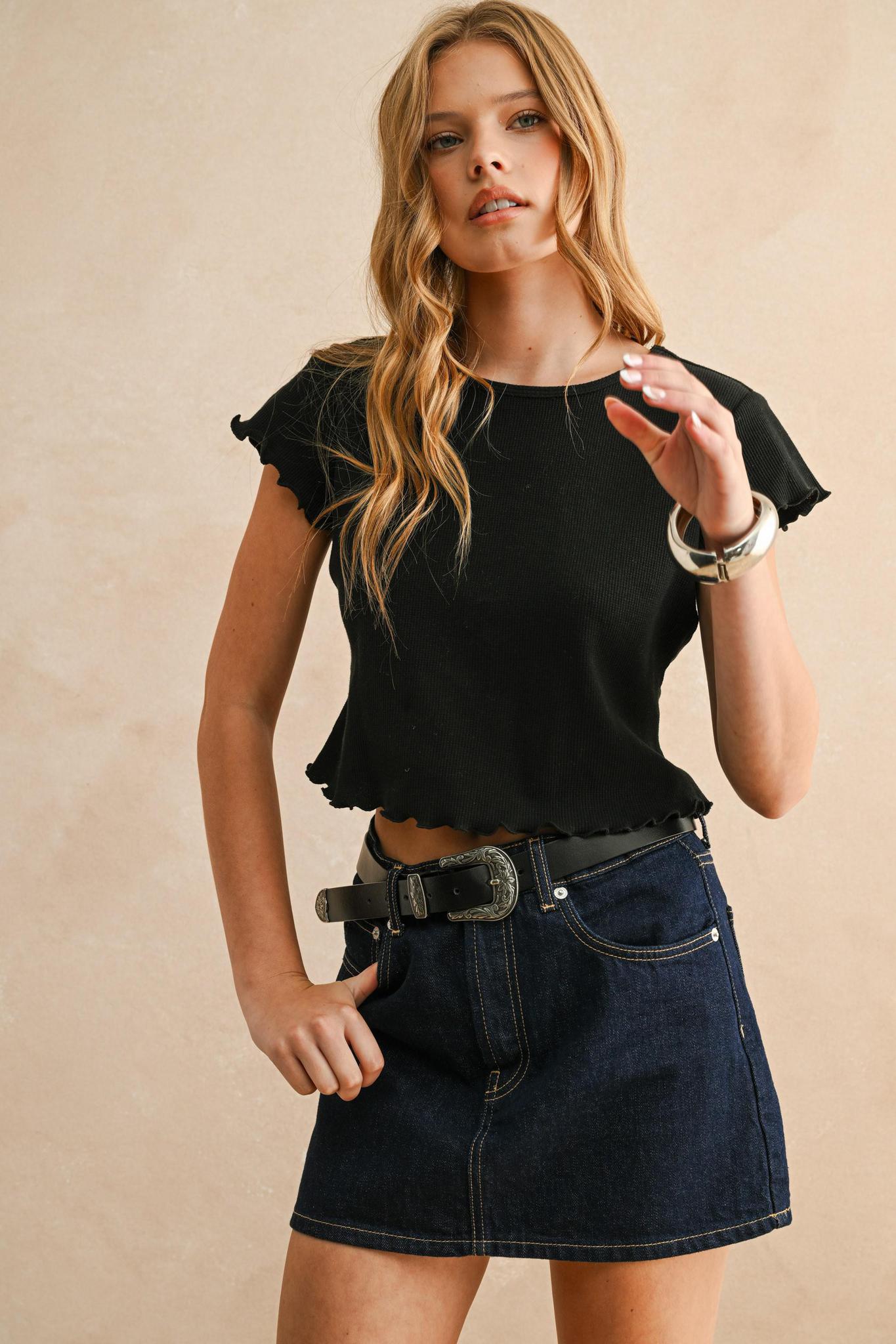 Black Waffle Fabric Top