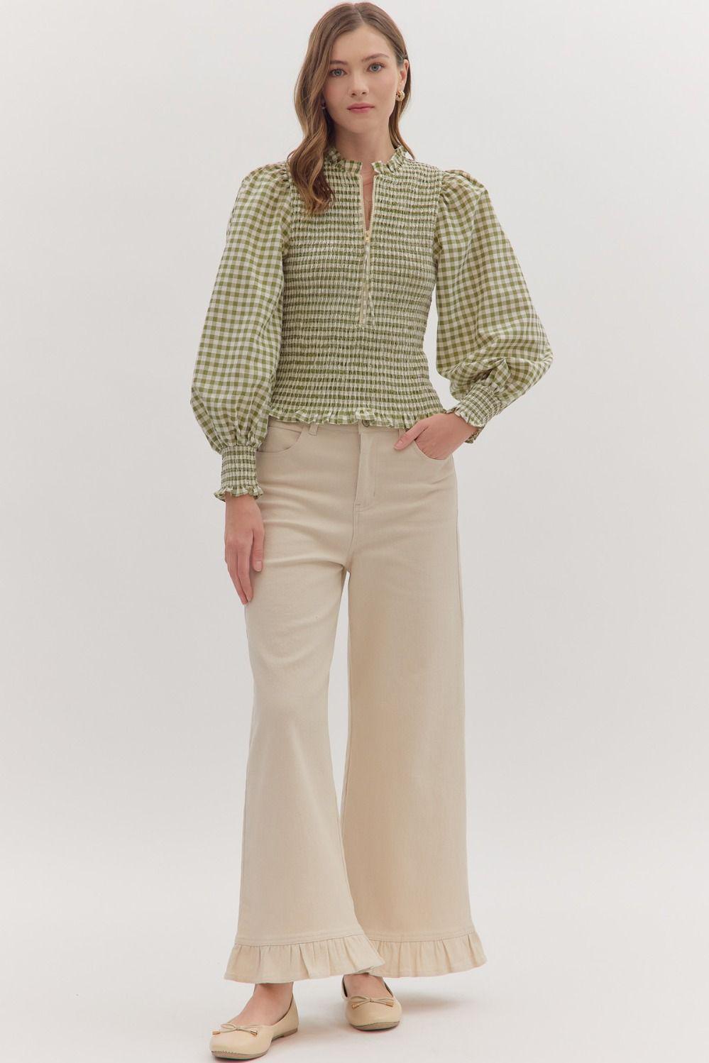 Olive and Cream Checked Smocked Top