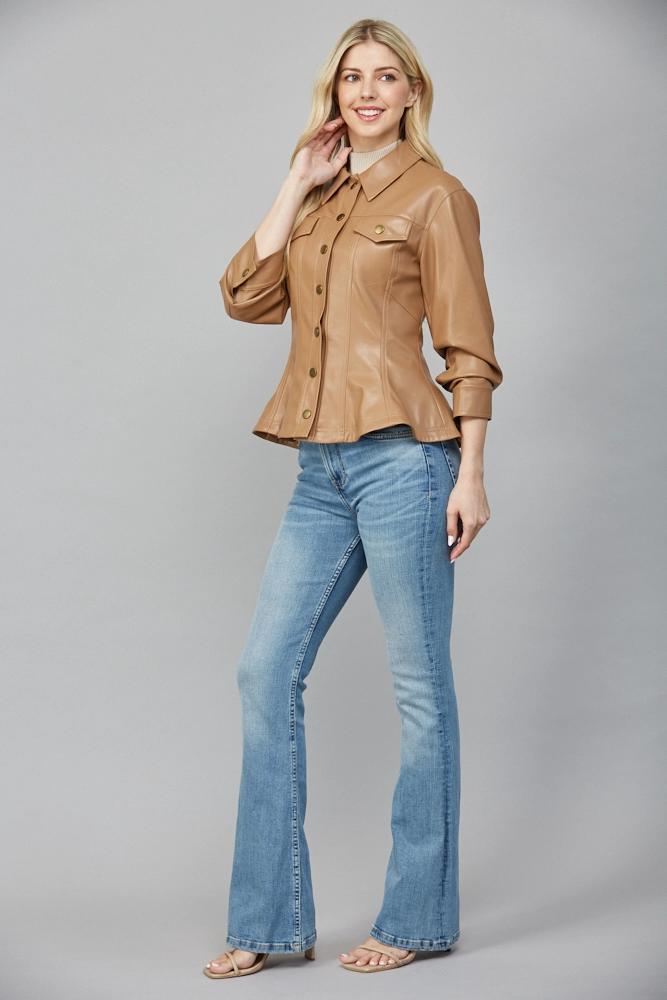 Camel Cinched Faux Leather Jacket