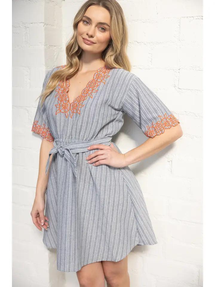 Navy and White Striped V Neck Dress