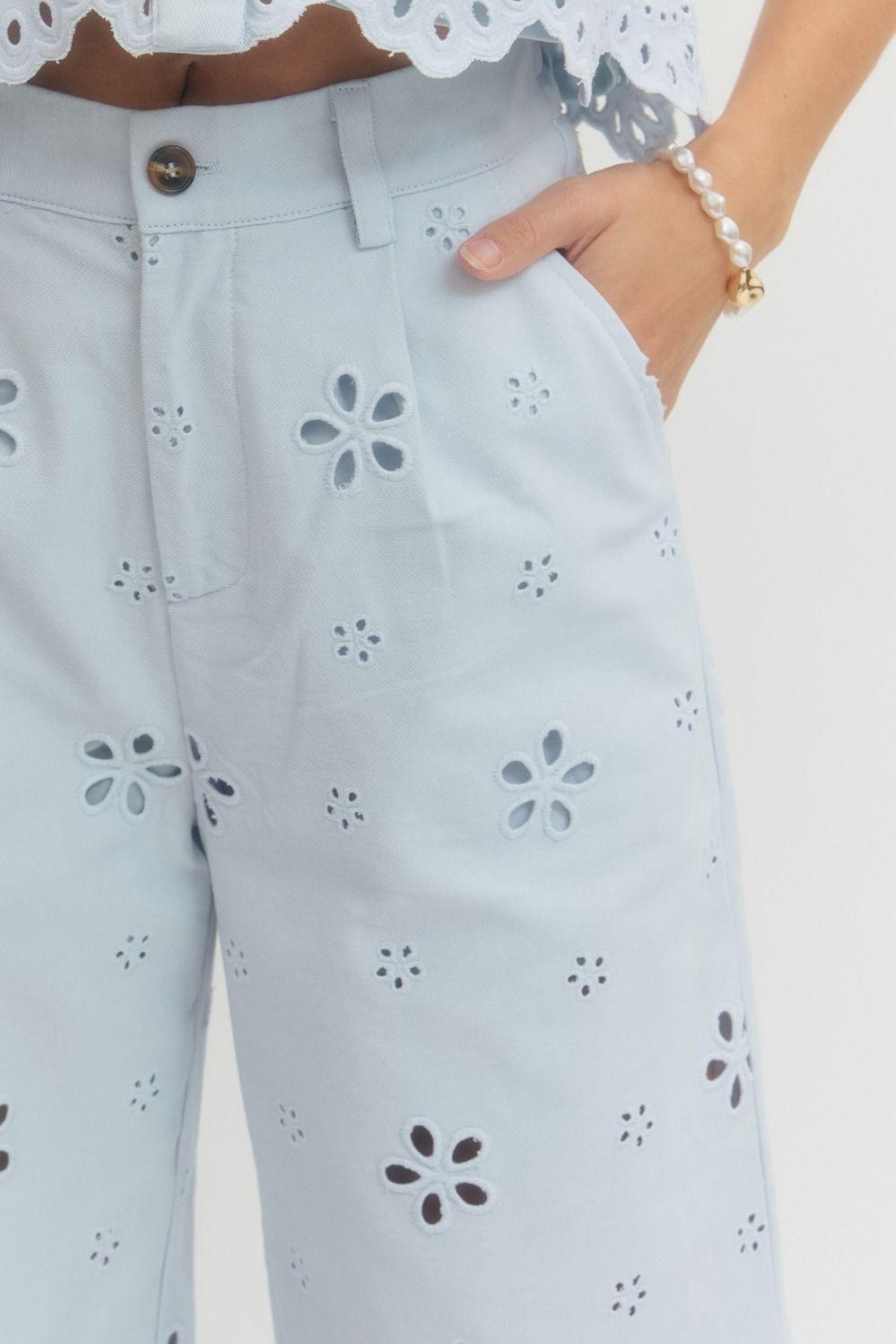Light Blue Eyelet Embroidered Pants