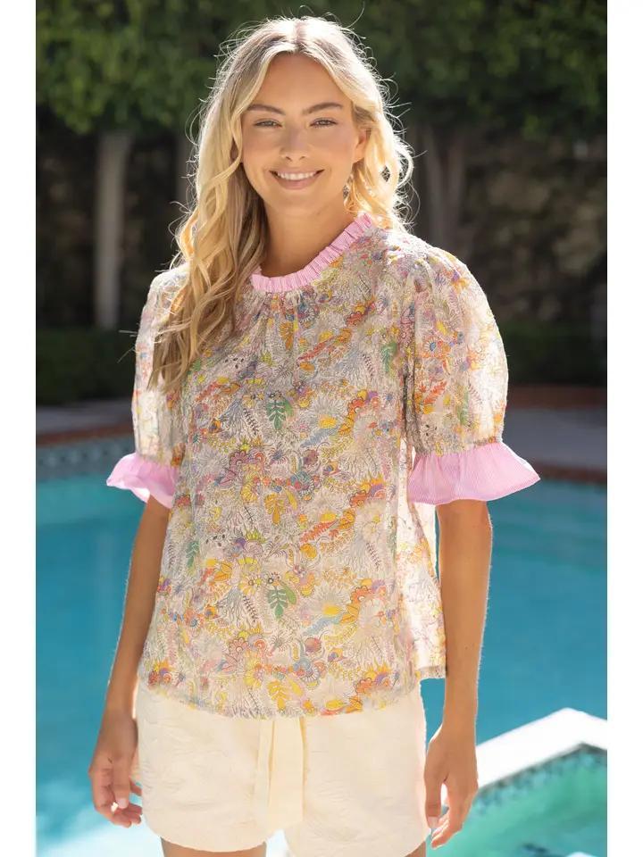 Light Floral with Pink Stripe Trim Top