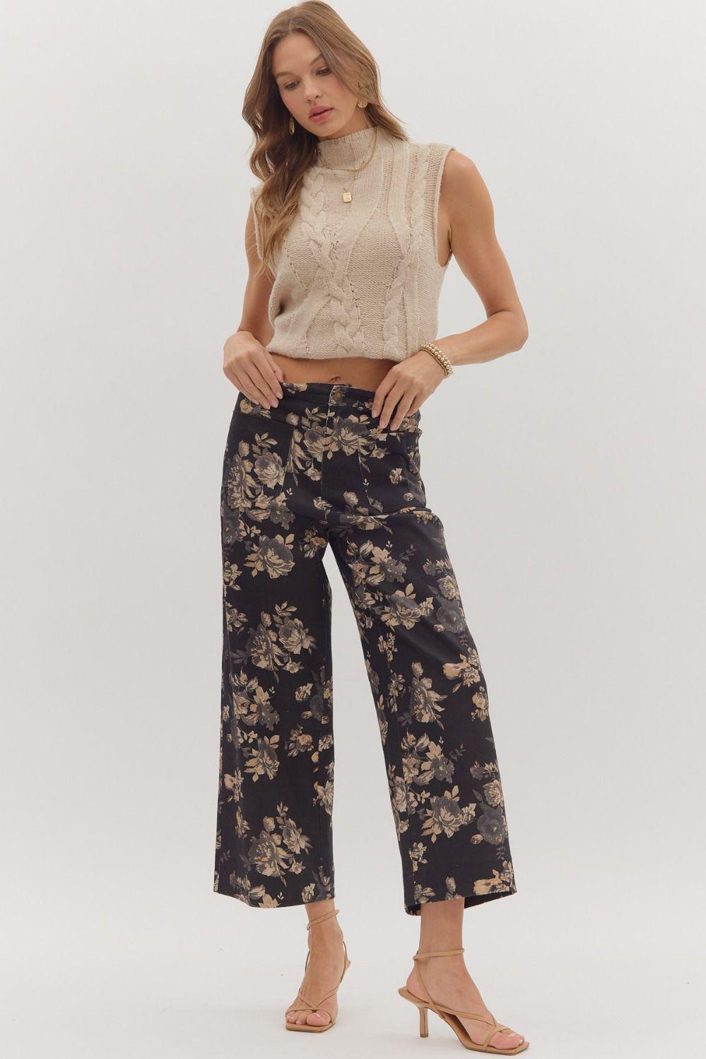 Black and Floral Ankle-Length Pants