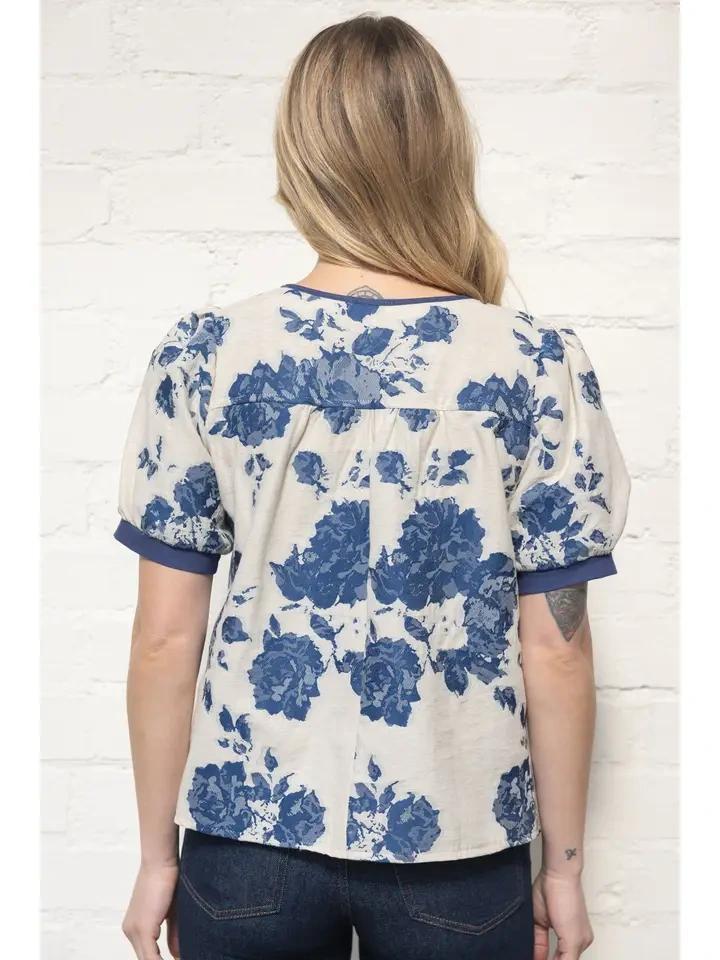 Blue Floral Jacquard Top
