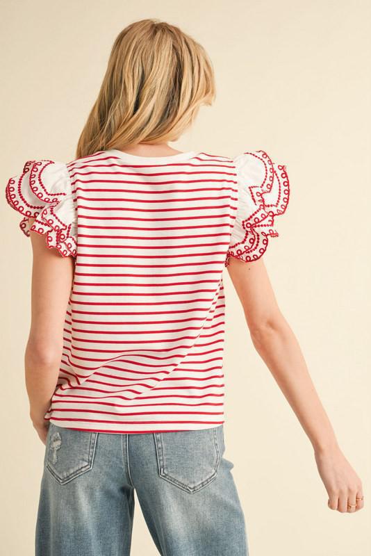 Red Striped Flutter Sleeve Top