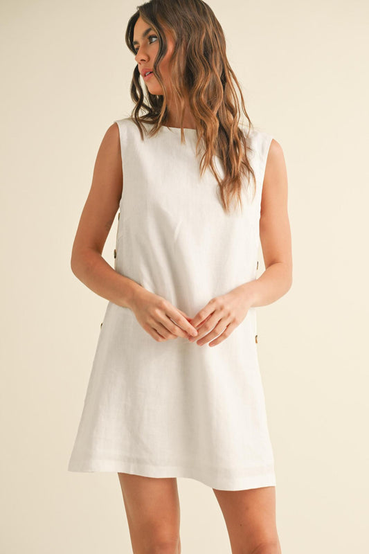 White Button Detail Linen Dress