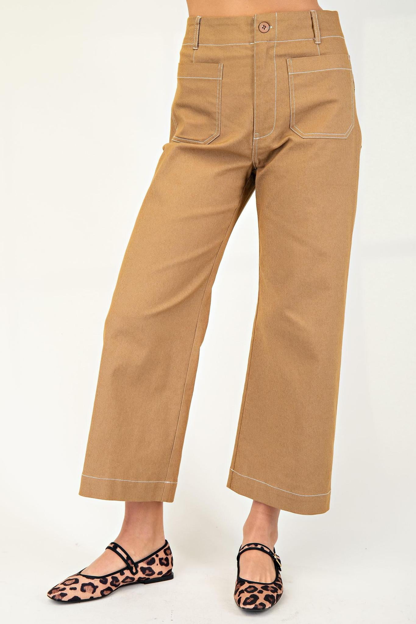 Khaki Cropped Wide Leg with Contrast Stitching