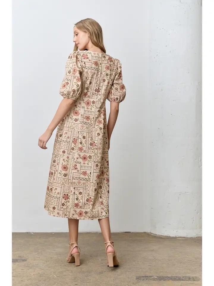 Natural Cross Stitch Print Denim Maxi