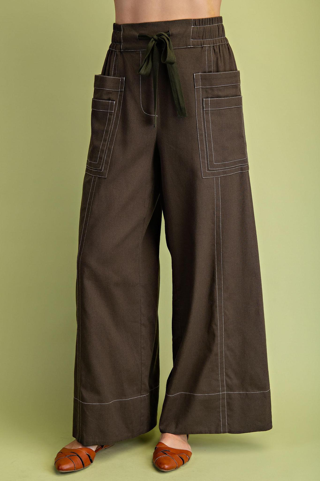 Olive Linen Wide Leg Pant