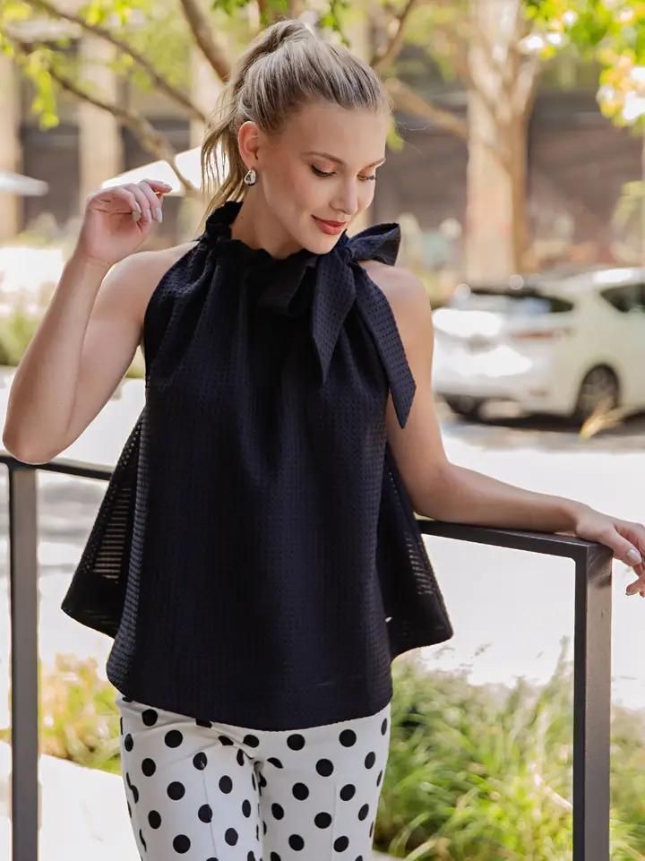 Black Ruffle Neck Tie Top