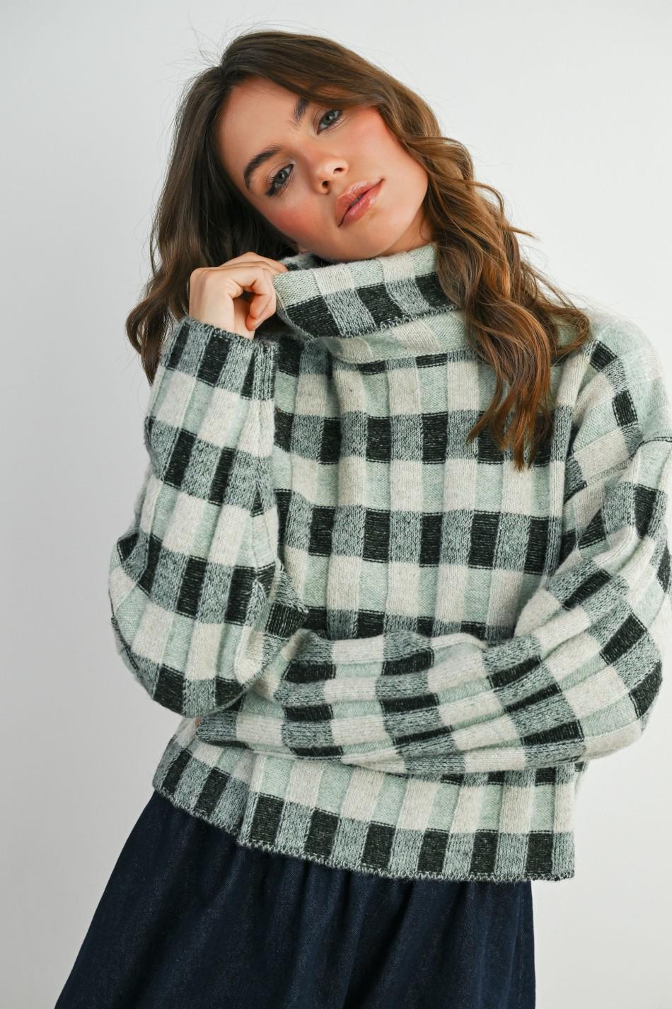 Olive Multi  Check Turtleneck Sweater