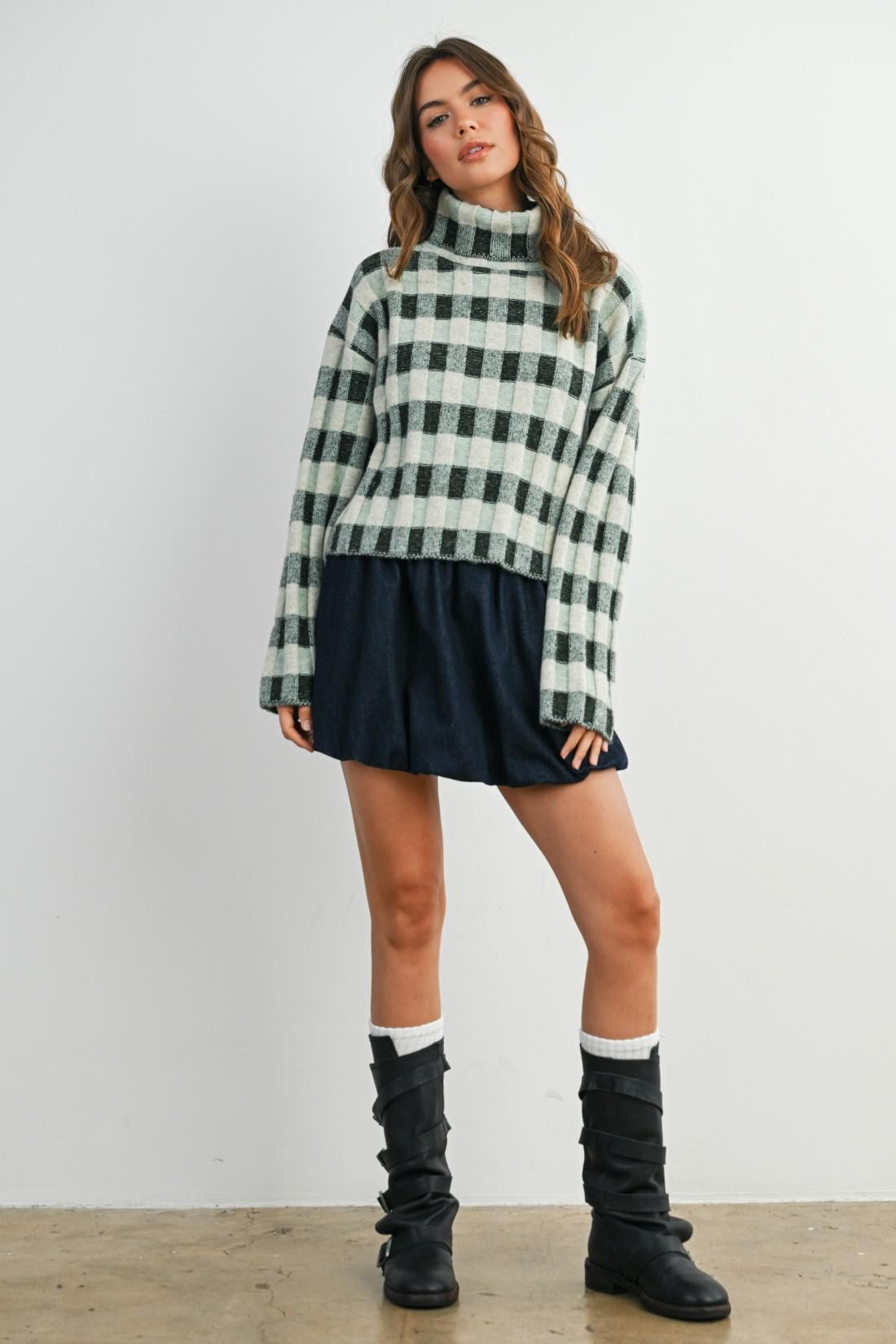 Olive Multi  Check Turtleneck Sweater