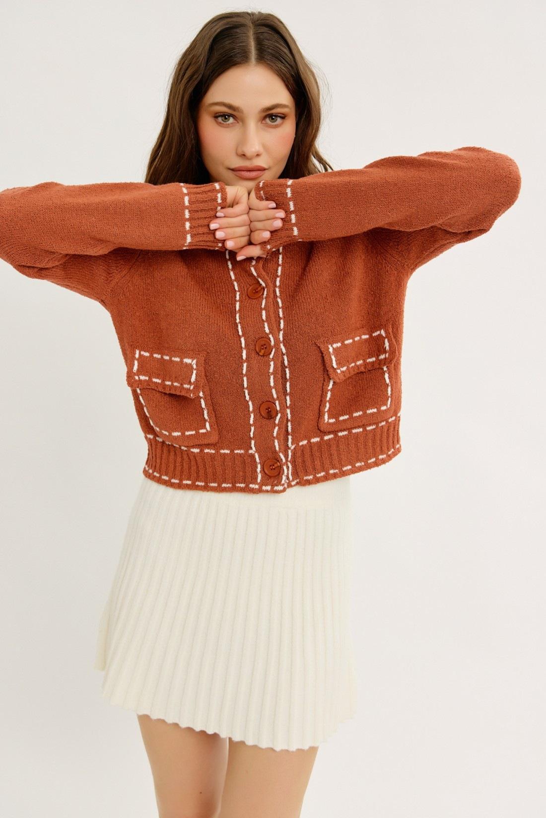 Rust Textured Knit Cardigan