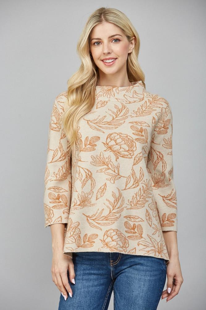 Taupe Floral Jacquard Knit Sweater