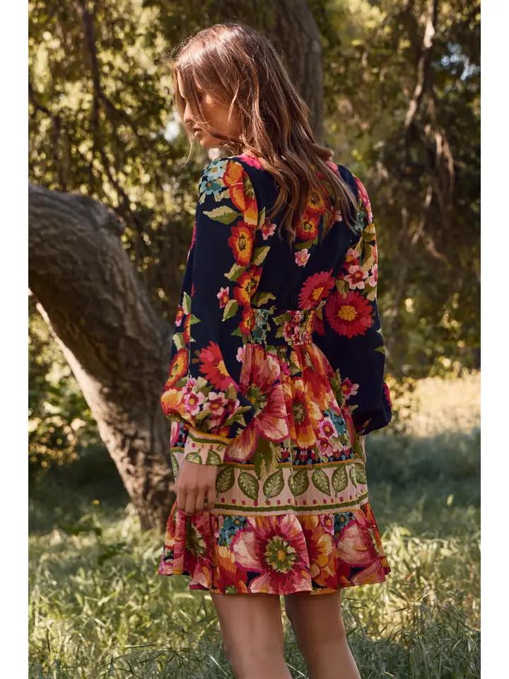 Navy Floral Bordered Mini Dress