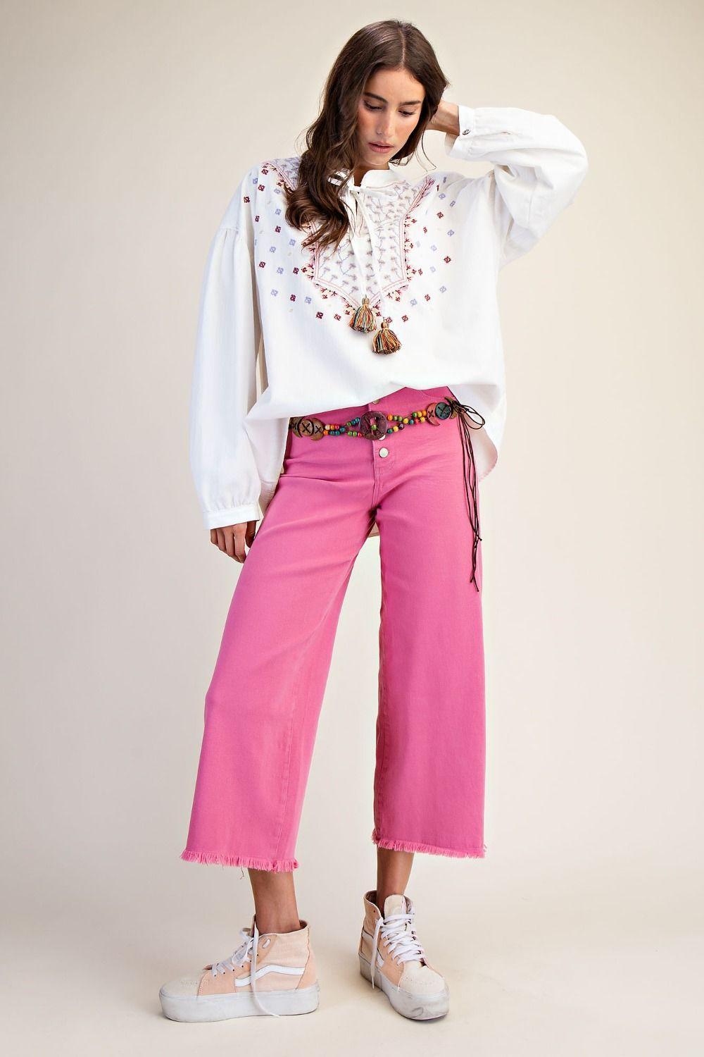 Retro Rose Button Front Stretch Twill Pants