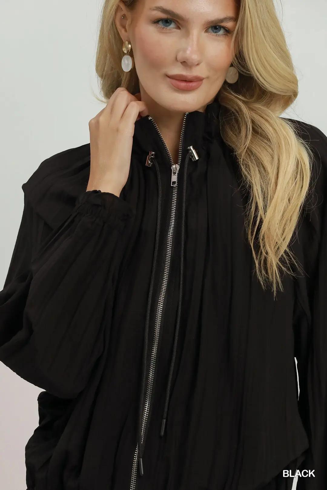 Black Crinkle Bomber Jacket