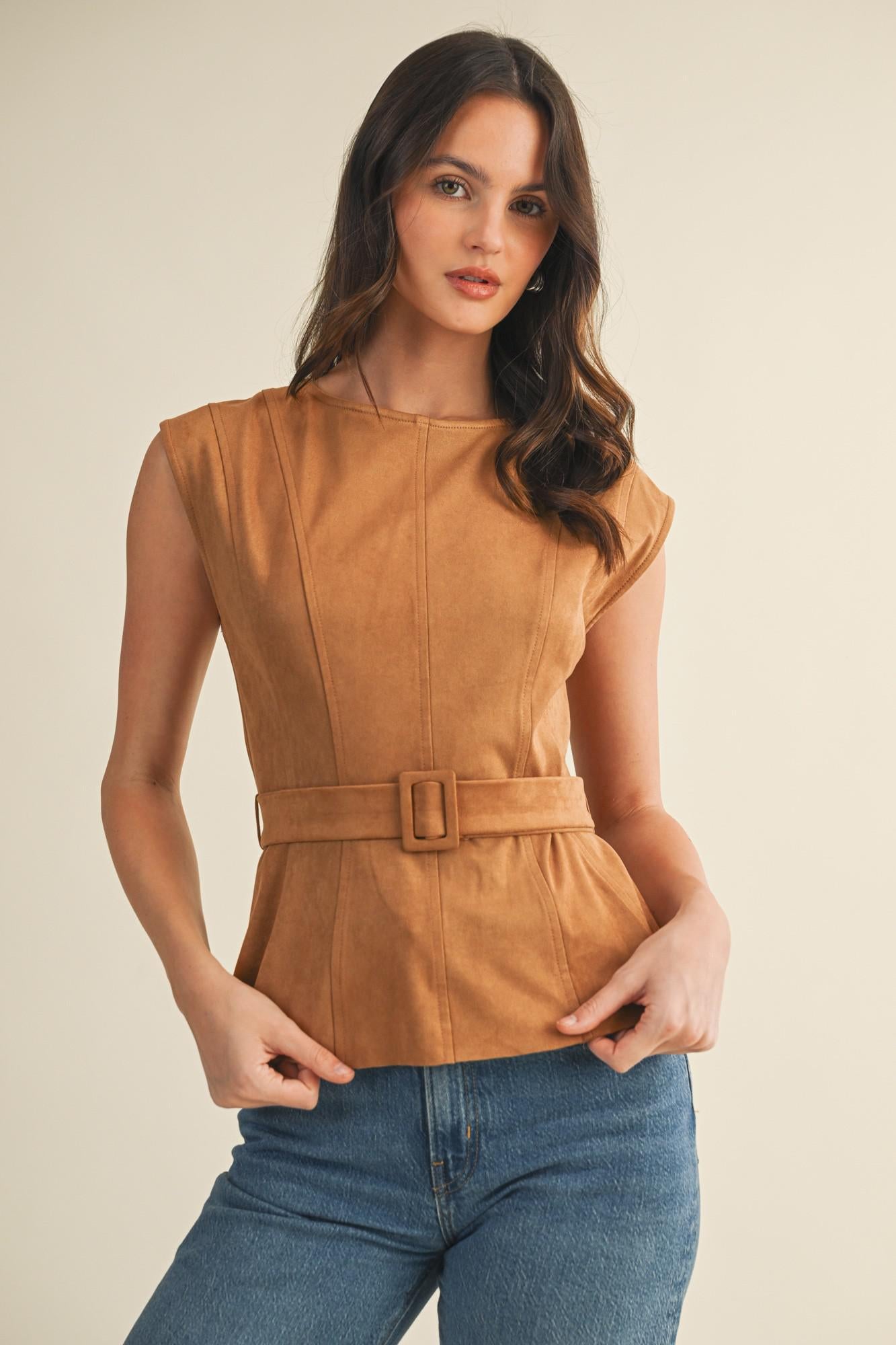 Coffee Belted Peplum Top