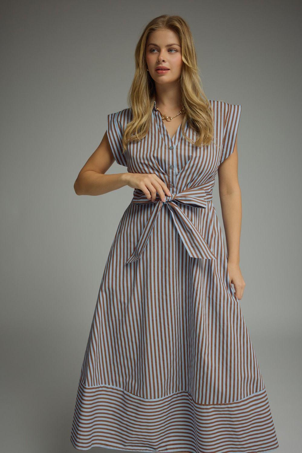Blue and Brown Striped Midi Dress