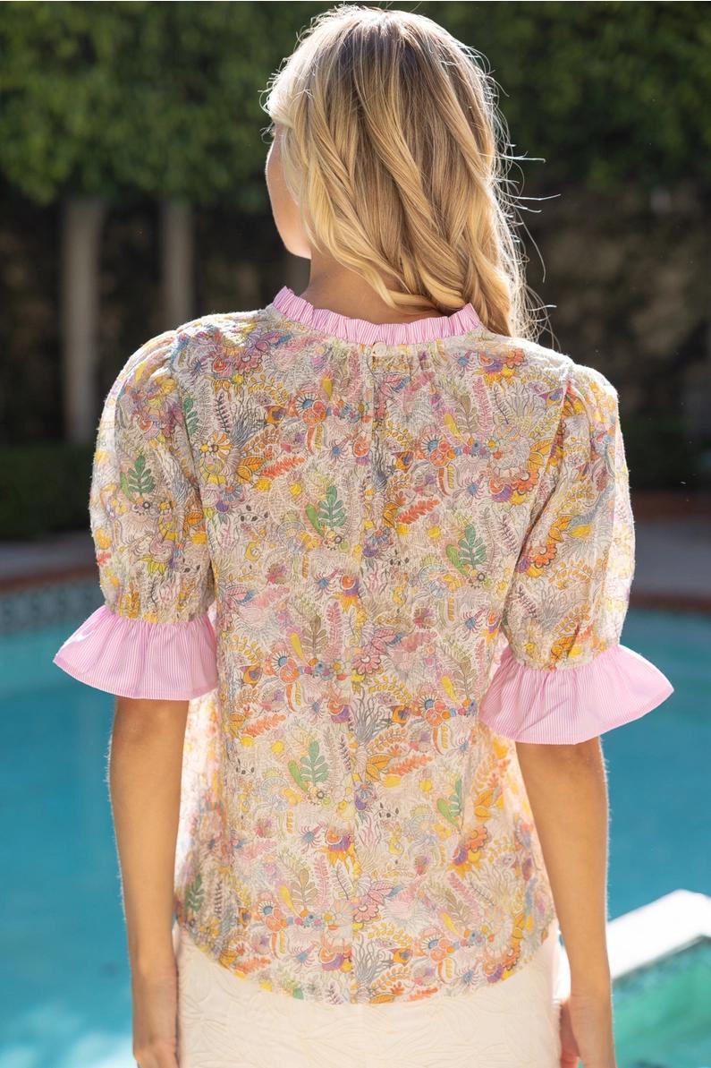 Light Floral with Pink Stripe Trim Top