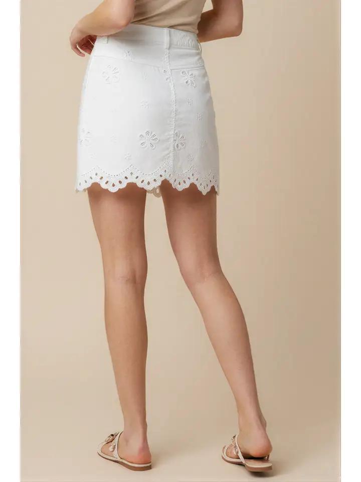 White Scalloped Eyelet Twill Skort