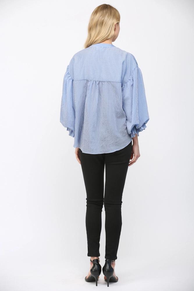 Blue Pinstripe Bubble Sleeve Blouse