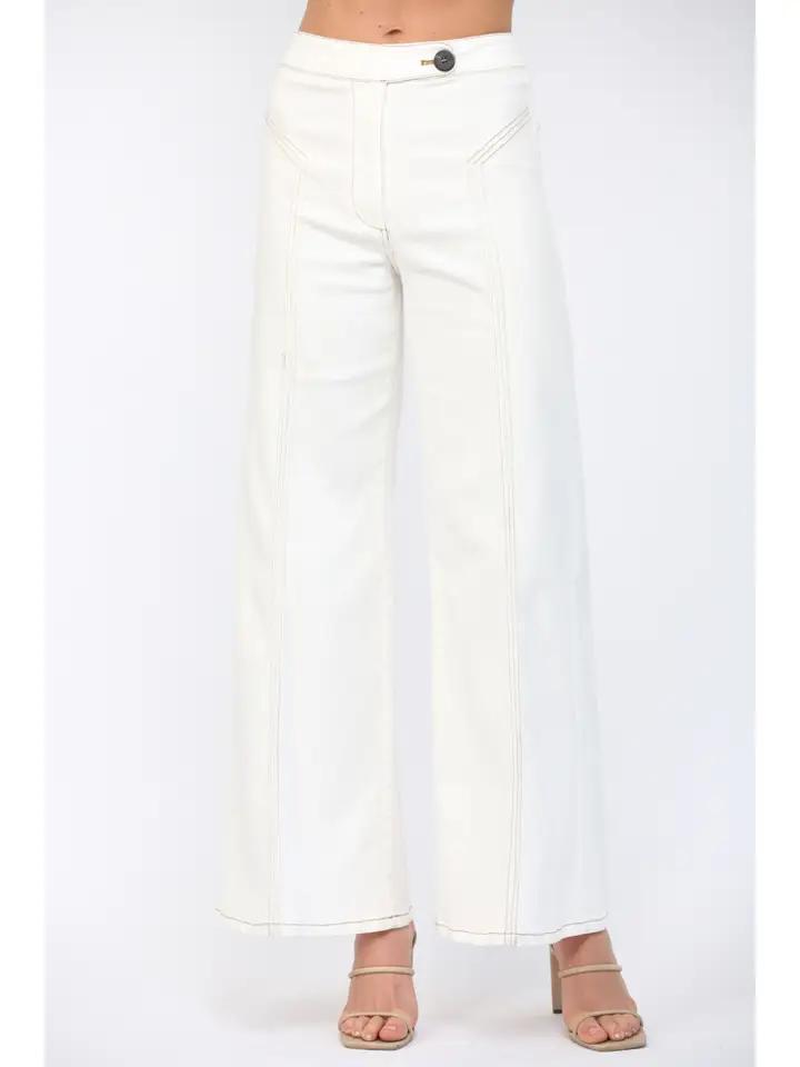 Cream Topstitched Flare Jean