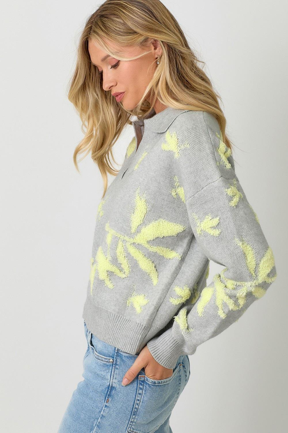 Grey and Lime Floral Pullover Sweater
