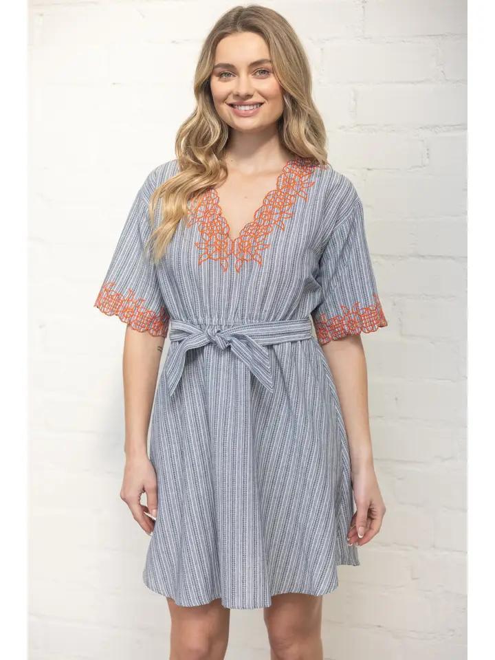 Navy and White Striped V Neck Dress