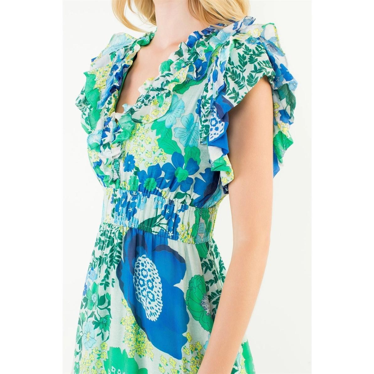 Blue and Green Flutter Sleeve Tiered Dress