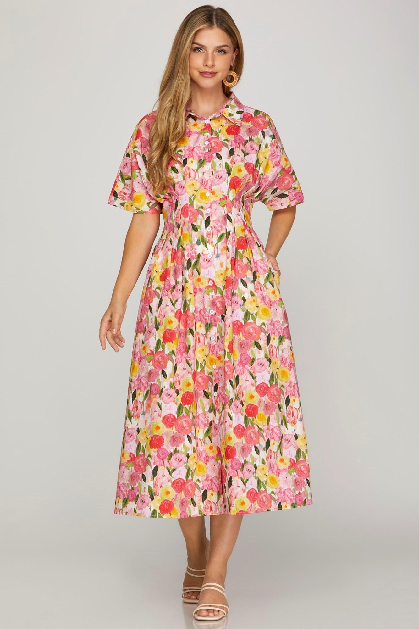 Pink Floral Waisted Pintuck Dress