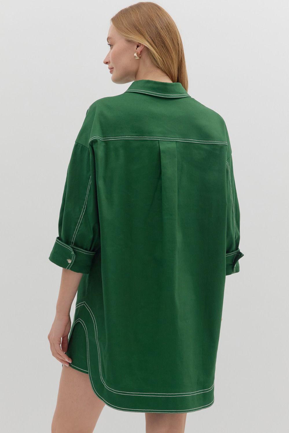 Green Exposed Stitch Shirt Dress